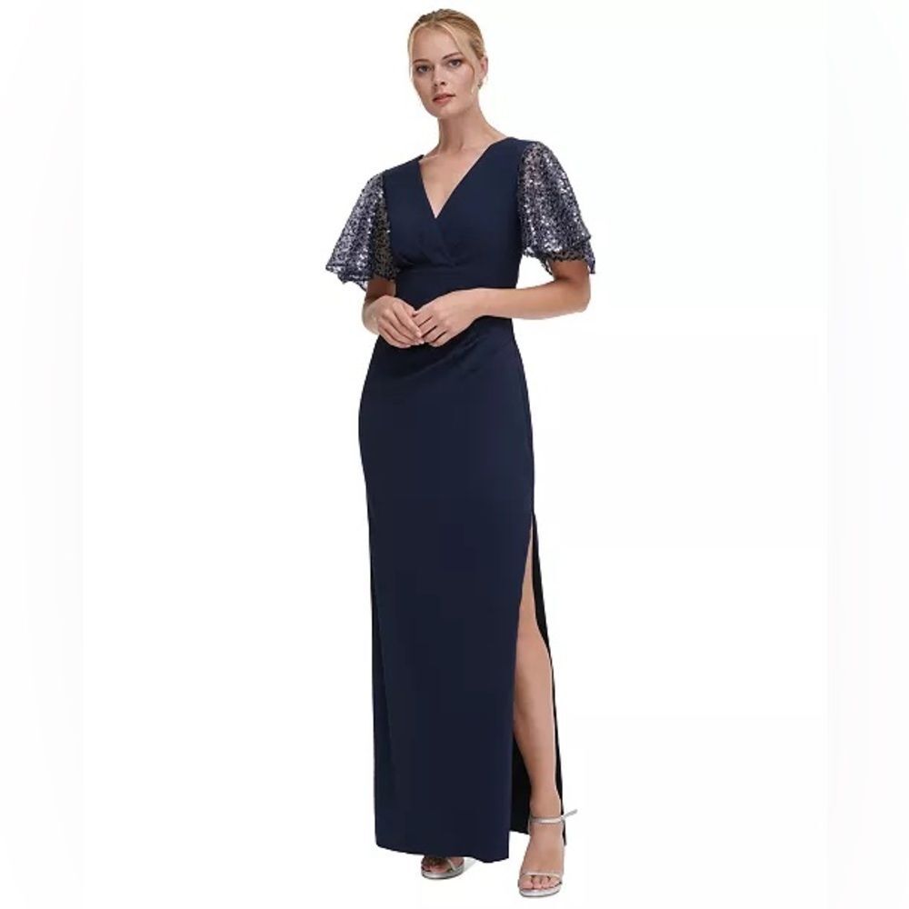 NWT DKNY | Navy Blue VvNeck Sequin‎ Flutter Sleeve Gown 8